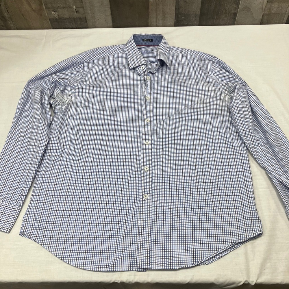 Bugatchi Uomo Classic Fit Blue Check Long Sleeve Button Down‎ Shirt Cotton XL